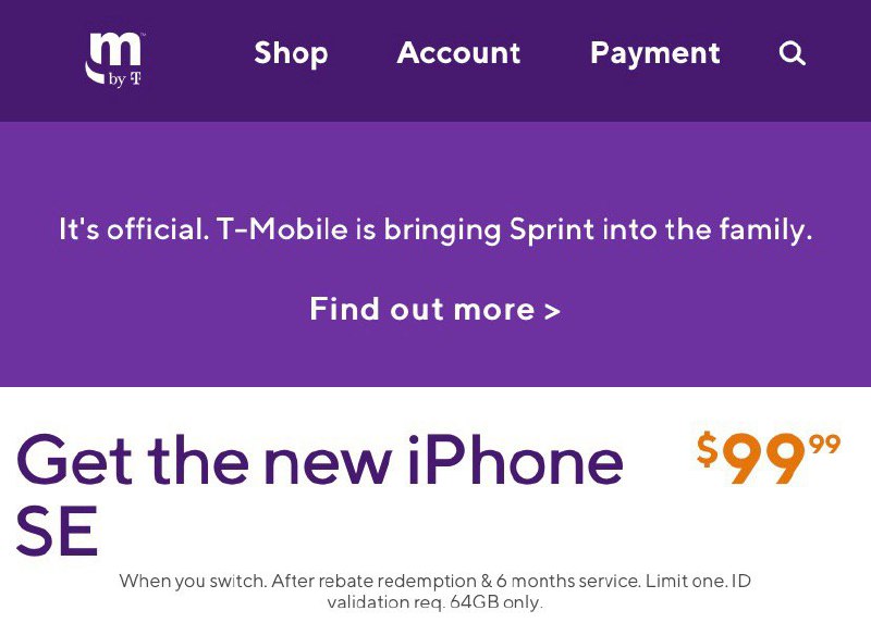 iPhone SE 2020 $99 at MetroByT-Mobile#deal👉🏿 Metro® by T-Mobile offering iPhone SE 2020 at $99+taxes for a limited time • In Store Only • Eligible wireless number port-in required (Excludes phone numbers currently on T-Mobile or active on Metro in past 90 days) • Identification with validation of name, address, and date of birth provided through independent database and presentation of matching required to receive an instant $300 rebate off full retail price • Limit four (4) total phone instant rebates per account/household • $15 activation fee/line • Minimum 6 months needed to unlock • International roaming available$99.99+retail tax+$15 activation fee+($30 monthly fee+$5 presumably tax)*6 > $325*YMMV