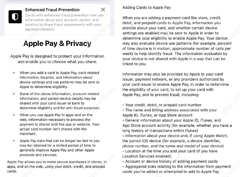部分Apple Pay卡启用加强的预防欺诈行为，通过此卡进行的交易会使用您账户、设备和位置等信息来与支付网络共享欺诈评估#iOS #ApplePay #Visa👉🏿 当您将商店专用卡、信用卡、借记卡和储值卡等付款卡添加到Apple Pay时，您所提供的卡片信息以及部分设备设置是否已启用的信息可能会发送给Apple来确定您是否有资格启用Apple Pay您的设备可能还会评估设备的使用模式（例如设备移动时间的百分比、每周的大致通话数量）以帮助辨识欺诈行为