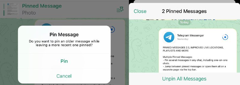Telegram更新支持同时置顶多个内容#Telegram👉🏿 Telegram 7.2版更新Pinned Messages 2.0，支持同时置顶多个内容 • 点击置顶消息可以切换查看消息 • 长按置顶消息打开Pin置顶消息框，可以在这里查看和取消历史置顶 • Telegram新手隐私安全设置指南(重要) • Telegram推出匿名群管理和原生评论功能👉🏿 @DocOfCard_channel