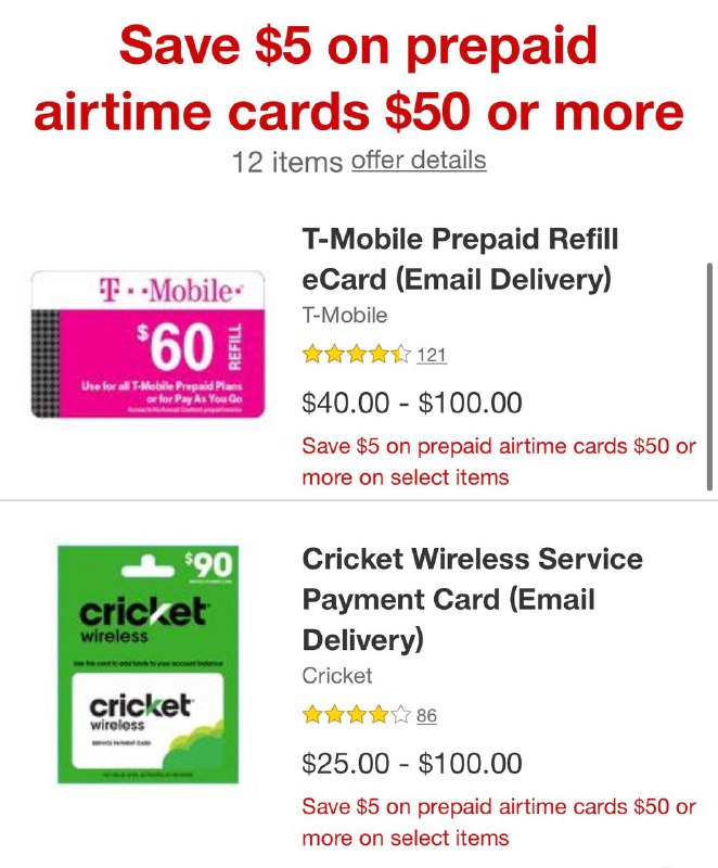 Save $5 on prepaid airtime cards $50 or more(Email Delivery)#prepaid #target✅ target.com/pl/509091518 • Offer expires 2/20/2021 at 11