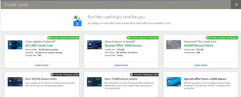 CHASE 放水5/24，一大波pre-approved 和prequalified offer袭来#Chase👉🏿 在Chase网银“Credit Card”栏目（不是在Just for You）👉🏿 针对Marriott Bonvoy Boundless、Southwest Rapid Rewards Plus和United Explorer 三张卡👉🏿 图里的蓝条和黑条offer都可以绕过5/24限制下卡👉🏿 更多关于Chase 5/24👉🏿 @DocOfCard_channel