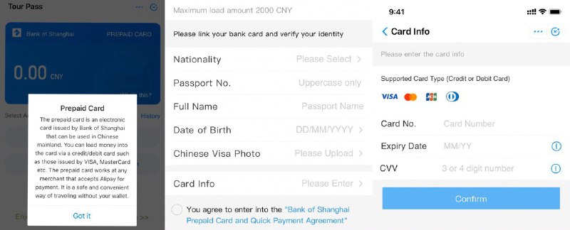 支付宝上线支持外国游客在中国使用的预付卡#TourPass #支付宝👉🏿 引用 #322 • 用外国手机号码注册支付宝以后，搜索小程序 “Tour Pass” 充值开通预付卡 • 需要提交护照资料和入境签证页照片 • Tour Pass 有 5% 的服务费👉🏿 @DocOfCard_channel / 银行账户卡合集