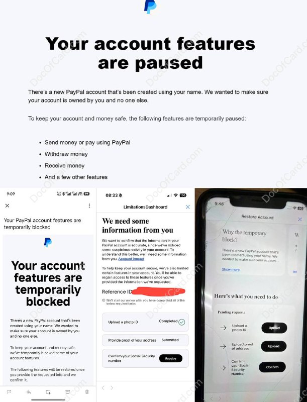 PayPal UK/DE 正在杀号中#PayPal多位群友收到 PayPal 邮件提醒，账号被停用，要求提供更多资料 [DP1] [DP2] [DP3] [DP4] [DP5] • 据反馈多数为 PayPal 多区账户同时持有才遇到，可能是多账户信息被关联了，PayPal UK 提醒要求提供 SSN ✔️@DocOfCard_channel / 账户卡合集
