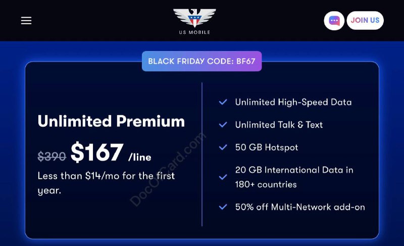 US Mobile Unlimited Premium Plan 黑五限时特价 $167 首年 (限 T-Mobile 网络)#USMobile #BlackFriday✔️ uid.is/usm活动开始时间