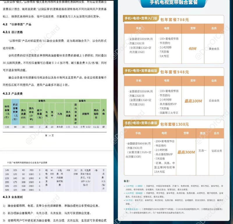 广电融合套餐资费#广电 #消息👉🏿通信人家园用户贴出了两张广电融合套餐资费图✅ 融合资费1  • 融合资费2(重庆) • 目前仍没有192放号消息👉🏿 @DocOfCard_channel
