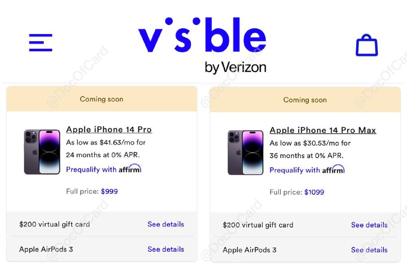 Visible iPhone 14 $200 GC + AirPods 3，需要转入号码且使用服务3个月#Visible👉🏿 Gift card 现在不提供 MasterCard Virtual Gift Card（MVGC），但可选 Amazon GC✅ 