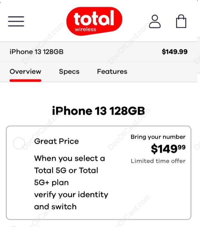 Total Wireless iPhone 13 $149#TotalWireless #iPhone • 每个账号限购两部手机 • 可 [官网] 激活套餐，1个月后套餐过期不用管， 61天 后手机自动解锁 [购买成功解锁DP] • 美版 iPhone 13 为 实体卡 + eSIM，且可同时启用两张 eSIM • Total Wireless 为 Verizon MVNO • Rakuten 新用户可叠加 $30 返现 • 可叠加 Rakuten 7% 购物返现 [参考]▎ 128GB iPhone 13 $149.99 + 套餐 $50▎ 64GB iPhone SE3 $79.99 + 30 天套餐 • 需转入非 Tracfone 系统号码 (可GV) • 需完成人工身份验证 (人脸+ ID，可护照)▎ 128GB iPhone 13 $249 原价版▎ 64GB iPhone SE3 $149 原价版 • 无需转入号码，无需 ID，可直接购买 • 解锁需一个月套最低餐费 $40✔️@DocOfCard_channel / DocOfCard.com