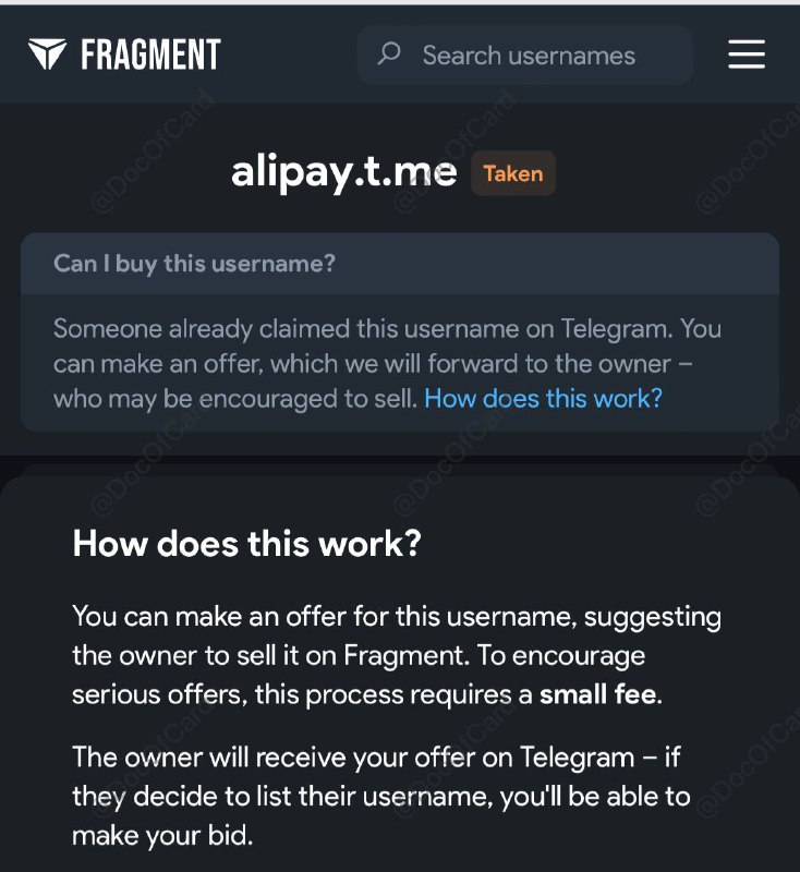 Telegram 将可以为任何 username 出价#Telegram  • 杜叔叔的割刀伸向了所有 username，即使还没有被回收的 • 拥有者将收到出价并决定是否出售 • 不知道如果 owner 没有回复或者拒绝，会进入被杜叔叔关注的 待回收list 么 • 建议群和频道都准备好备份撤退方案✔️@DocOfCard_channel