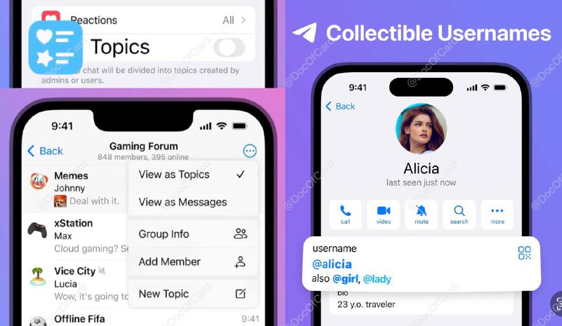 #Telegram ✅Telegram iOS 更新 9.1.0 版，群 Topics 主题、Username 别名(靓号)功能上线▎Topics 主题，需要 owner 才能开启，默认所有人都you权限建立新 topics，管理可关闭该权限 • 实现方式