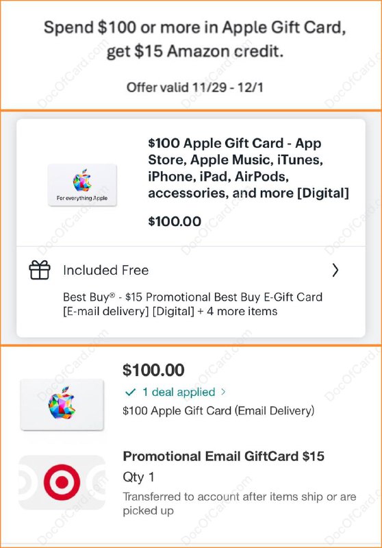 $100 Apple Gift Card + $15 Amazon/Best buy/Target GC $100✔️ amazon.com/dp/B08F3C99KN✔️ bestbuy.com/site/sku/6421951.p✔️ target.com/p/A-80950057 • Amazon Offer valid 11/29 - 12/1，每人限一次，需使用优惠码 APPLEGIFT，建议使用桌面浏览器购买 • Amazon 可配合 Amazon 美卡点数活动 • Email Delivery 发送到邮箱无需配送 • 可充值到 Apple Account • 可 App Store/Apple Store (US) 使用✔️@DocOfCard_channel / DocOfCard.com