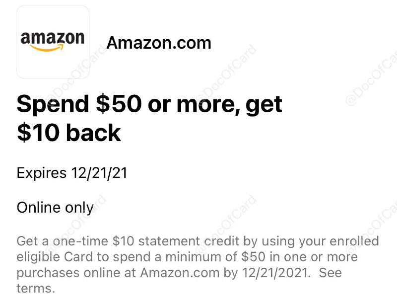 [Target]用AmEx在Amazon消费$50送$10#Amazon #AmEx • 仅适用于U.S.-issued美国运通卡 • 仅适用于US Amazon.com网站 • 按照以往惯例，Amazon reload也适用 • 不适用于企业礼品卡和定制礼品卡 • 需要先在AmEx APP登记这个offer • 需要在12月21日前使用该卡消费 • 每人仅限一次，名额有限👉🏿 @DocOfCard_channel