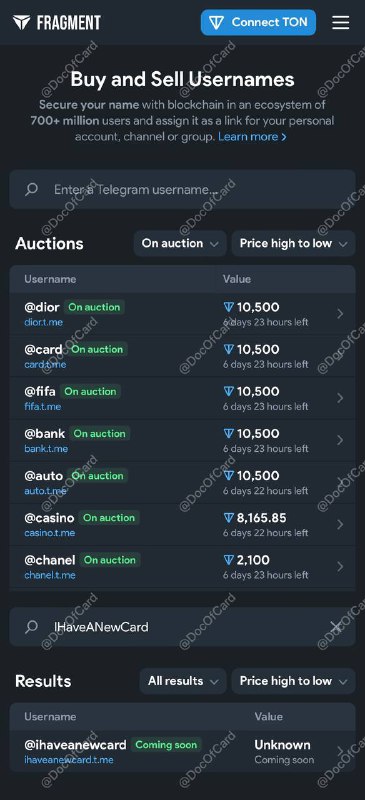 Telegram username 拍卖平台已上线#Telegram✅ fragment.com • 拍卖通知 @fragment  • username 将使用基于 TON 的 NFTs 出售 • US ip 用户无法打开网站 • 本群入群频道username @IHaveANewCard 果然也在分遗产之列🔗相关