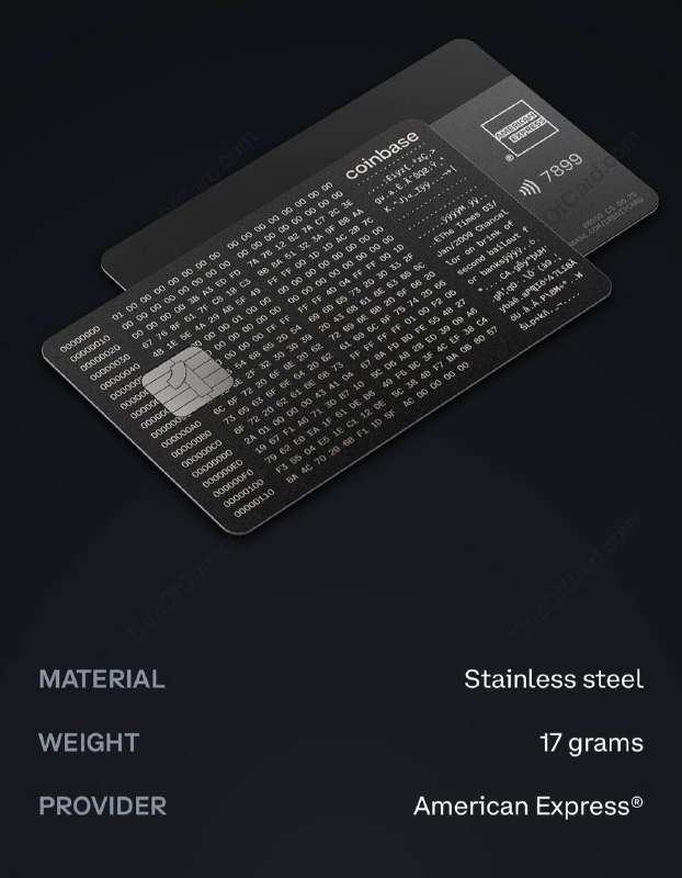 Coinbase US 宣布 AmEx 加密货币信用卡#Coinbase #AmEx #Crypto6月12日，Coinbase 宣布 将在今年秋天推出第一张 AmEx 信用卡 Coinbase One Card✔️ coinbase.com/creditcard • 需订阅 Coinbase One，最低月费 $4.99 • 可选 17g 金属卡，订阅年费 $360 • 消费 2% - 4% 比特币返现 • Coinbase One Card is offered by Coinbase, Inc. and Cardless, Inc. Cards issued by First Electronic Bank✔️@DocOfCard_channel / DocOfCard.com