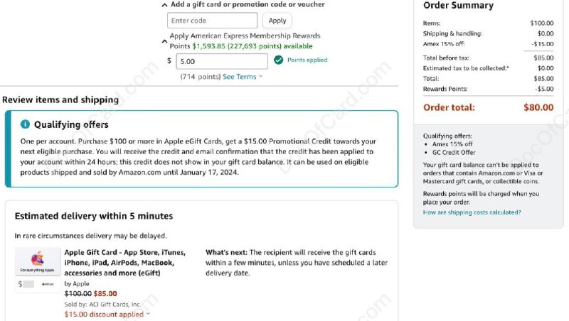 买 $100 Apple GC 送 $15 Amazon credit#Amazon #AppleGC #BlackFriday • 建议使用pc通过链接下单，输入 Promo Code APPLET5USA，输入后如图生效提示 • 可叠加 AmEx MR , Chase UR , Citi TYP , Discover 等信用卡offer，如图✔️ www.amazon.com/dp/B08DY29VSQ • 预计优惠码有使用次数限制，先买先得 • 优惠码每人只能使用一次 • Promo credit 将在订单发货后 24 小时内自动发送到 Amazon帐户 • Promo credit 不会显示在帐户余额里 • Promo credit 有效期截止 1/17/24，仅用于 Sold and Shipped by Amazon.com 商品 • 实测 credit 很多gc都可以用，除了🍎✔️@DocOfCard_channel / DocOfCard.com