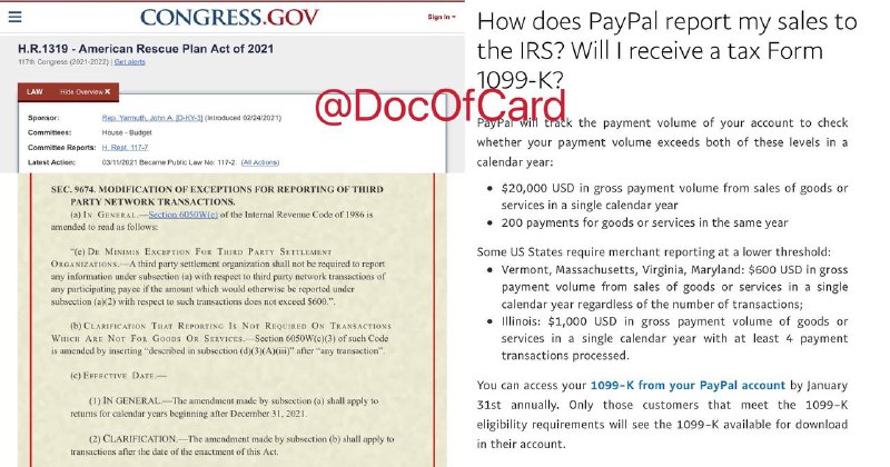 2022年起PayPal等第三方收款超过$600可能收到1099-K税表#PayPal #消息👉🏿 对于PayPal等第三方支付机构，目前联邦法律的规定是一年收入$20k且超过200笔就必须发1099-K税表，目前几个州将标准下调到$600或$1000不等，所以已经有DP收到了1099-K但是3/11刚刚通过的拜登$1.9T第三轮发钱法案[Section 9674]将标准下调至$600