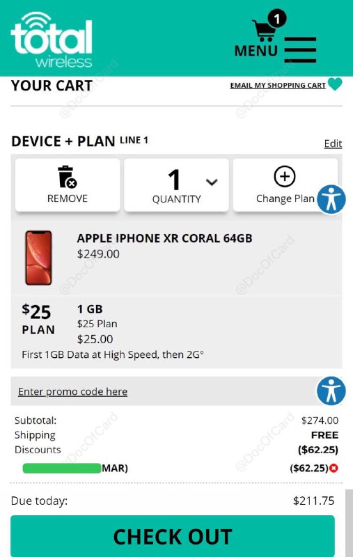 Total Wireless iPhone XR $197 (有锁)#iPhone #totalwireless #deal*有DP确认是全新机，但是网站没写!❶ 打开 totalwireless.com 网站点击首页广告获取25%优惠码(如题图)❷ 注册返现网 Rakuten ($30邀请奖励)，搜索 totalwireless，通过$15返现链接进入❹加入 iPhone XR 64GB 到购物车🛒❺同时加入$25的plan到购物车🛒➏填入邮件中步骤❶获得的优惠码❼ 购买完成后，进入返现网站后台，查看pending中的购物记录⚠️注意