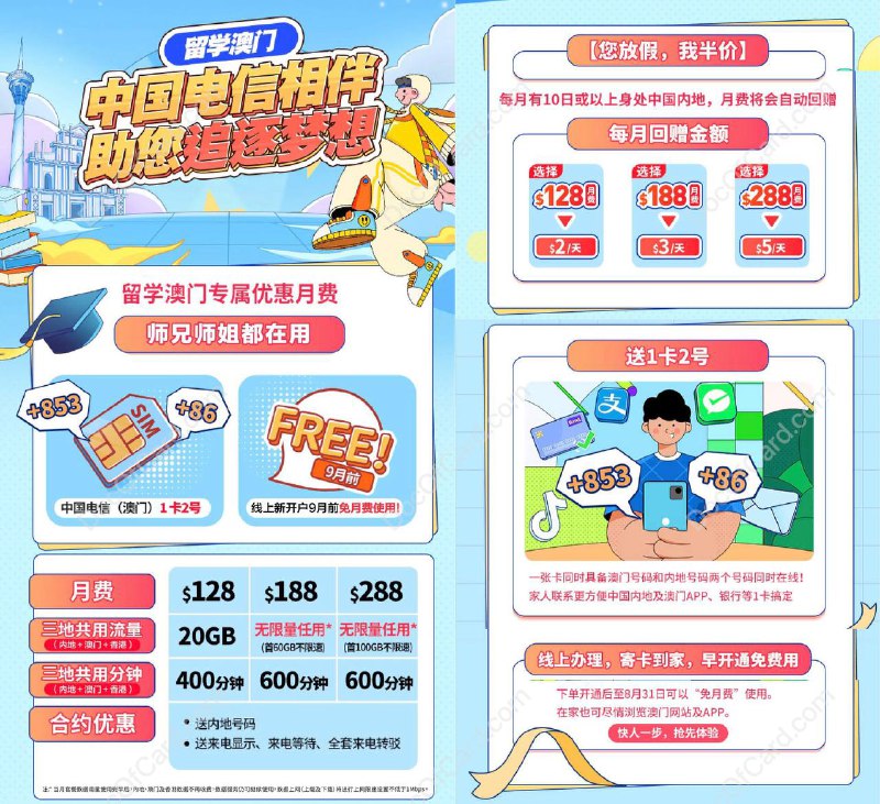 CTMO 中国电信澳门学生上台计划最新资费#CTMO #中国电信澳门 • 每月有 10+ 日在内地使用，月费减半✔️ www.1888.com.mo/std/plan2020 • 需要验证内地/澳门学生证或录取通知书 (办卡前先联系，内地学生需线下验证领卡) • 合约期18个月可续约 • 通话流量已升级为三地共用 (澳门5G，漫游4G/3G)，现有用户可联系开卡员工升级✔️@DocOfCard_channel / 手机卡合集