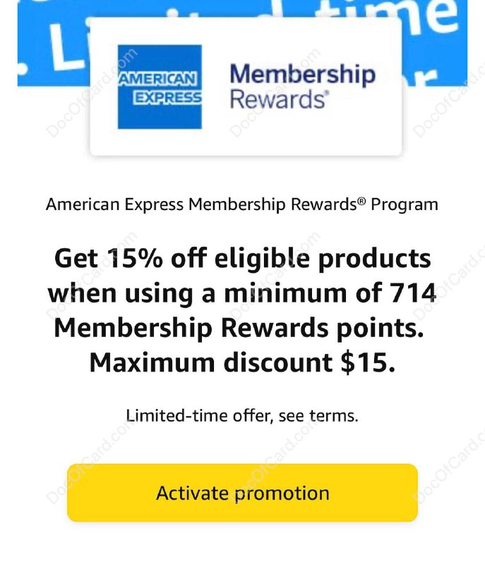 [YMMV]用 AmEx MR 点数卡在 Amazon消费15% off up to $15#Amazon #AmEx👉🏿 通过以下链接查询是否被 targeted，这是个限时活动，但也经常会有✔️ amazon.com/b?node=20906611011 • This is a limited time offer. The promotion will end on the earlier of (a) 5