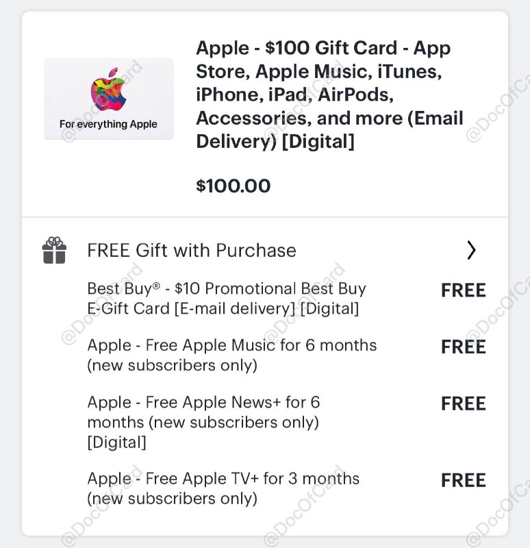 #BestBuy$100 Apple eGift Card + $10 Best Buy eGift Card = $100✅ bestbuy.com/site/6421951.p • 送 6 个月 Apple Music (仅限新用户) • 送 6 个月 Apple News + (仅限新用户) • 送 3 个月 Apple TV + (仅限新用户) • Email Delivery 发送到邮箱无需配送 • 可充值到 Apple Account，可 App Store (US) 消费，也可在 Apple Store (US) 使用👉🏿 @DocOfCard_channel