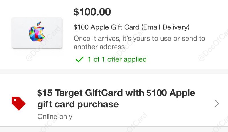 #Target #Apple #BlackFriday$100 Apple Gift Card + $15 Target e-GC $100✅ target.com/p/A-80950057 • Email Delivery 发送到邮箱无需配送 • 可充值到 Apple Account， 可 Apple Store/In Store (US) 使用✔️@DocOfCard_channel