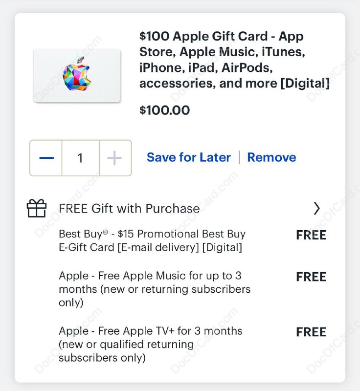 #Bestbuy #Apple #BlackFriday$100 Apple Gift Card + $15 Best Buy e-Gift Card $100✔️ bestbuy.com/site/sku/6421951.p • 仅限购买一个 • 送 3 个月 Apple Music (new only) • 送 3 个月 Apple TV + (new only) • Email Delivery 发送到邮箱无需配送 • 可充值到 Apple Account ，可 App Store (US) 消费，也可在 Apple Store (US) 使用✔️@DocOfCard_channel / DocOfCard.com