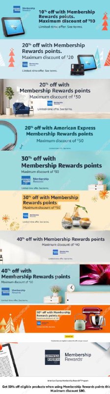 [YMMV]用AmEx MR点数卡在Amazon消费10%/20%/30%/40%/50% off up to $80#Amazon #AmEx🆕 最高可获得50% off up to $80👉🏿 通过以下链接查询是否被targeted✔️ amazon.com/b?node=20906611011❶ 未绑定过AmEx MR点数卡到Amazon账户的用户需要通过 这个链接 提前绑定❷ 首次绑定卡后需要等24小时❸ 只有 Sold and Shipped by Amazon.com 的商品满足活动条件❹ 付款时必须至少使用 $5 点AmEx MR点数(即填入5)⚠️不适用于Amazon礼品卡，但应该适用于 第三方礼品卡✔️@DocOfCard_channel