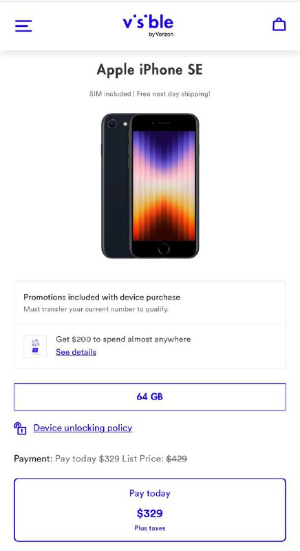 #Visible #Rakuten #TopCashback🆕 Visible iPhone SE 3 降价到 $329，且提供 $200 gift card 返现，gift card 现在不提供 MasterCard，但是有 Amazon GC 可选可选叠加一个返现网站