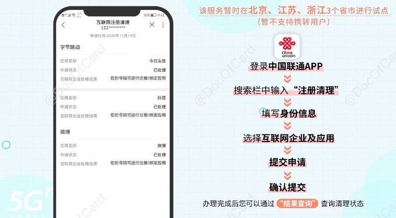 中国联通推出互联网注册清理服务#中国联通 #工信部👉🏿 中国联通 联合 中国信通院 码号服务推进组及部分互联网企业推出互联网注册清理服务，实现号码在多互联网平台已注册信息的统一处理 • 目前支持微博、抖音、今日头条、美团、大众点评、小米等 • 该服务暂时在北京、江苏、浙江3个省市进行试点，暂不支持携号转网用户👀相关