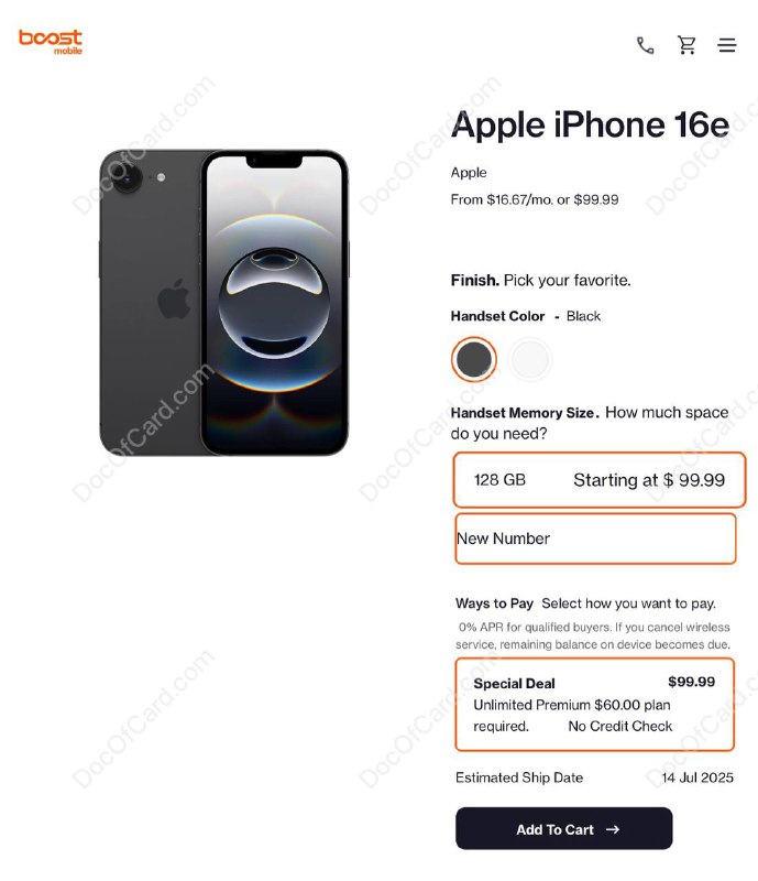 BoostMobile iPhone 16e $99.99#boostmobile #iPhone • 美版 iPhone 16e 无实体卡槽，eSIM only▎ 128GB iPhone 16e $99.99 + 套餐 $60(iPhone 16e) $100 + (首月套餐) $60 + 税1， Rakuten 新用户， [购买方法参考]- (Rakuten 15$ 返现) $15- (Rakuten 新用户返现) $30 =  $115 + 税2，不是 Rakuten 新用户 - TopCashBack 50% plan off = $130 + 税▎ 购买、激活和解锁 • 无需转入号码，无需身份验证 • 不确定能否漫游激活 (需30天内在 boost mobile 网络激活，否则可能收取手机全价） • 解锁 需使用 boostmobile 套餐一年 ，可尝试 international SIM unlock 旅游解锁，国际卡解锁无法使用其他美国🇺🇸SIM/eSIM✔️@DocOfCard_channel / DocOfCard.com
