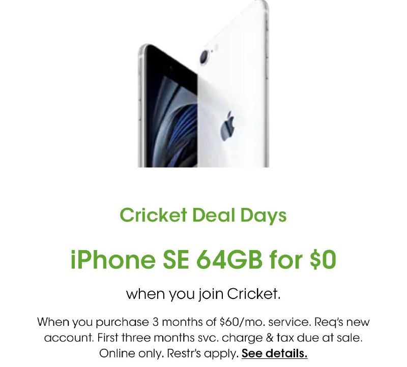 Cricket iPhone SE2 $0 需预付3个月月租#Cricket #iPhone活动时间截止