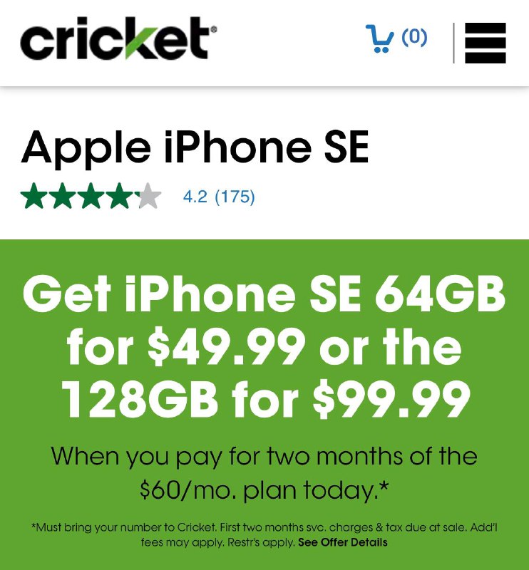 Cricket $49 iPhone SE2 需预付两个月月租#Cricket #iPhone🆕 Cricket iPhone SE 2020 价格再次降到$49，但是这次要求预付两个月租共$120，但激活后马上入组可以变成credit慢慢花👀完整优惠购买流程参考之前的推送