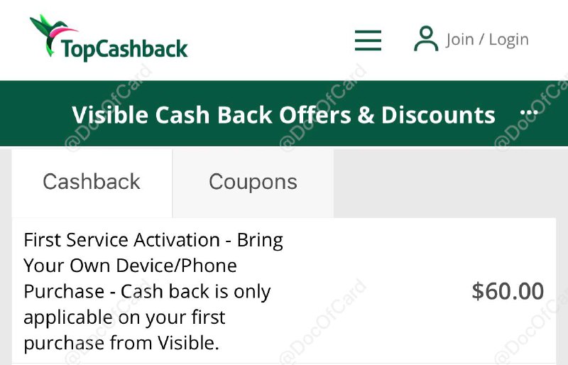 #Visible #TopCashback🆕 TopCashback 有 Visible $60 返现活动 • 仅限Visible新用户 • 每人仅可获得一次Visible返现 • Visible 要求客户在 7 天内激活服务，并保持连续服务至少 60 天⚠️注意