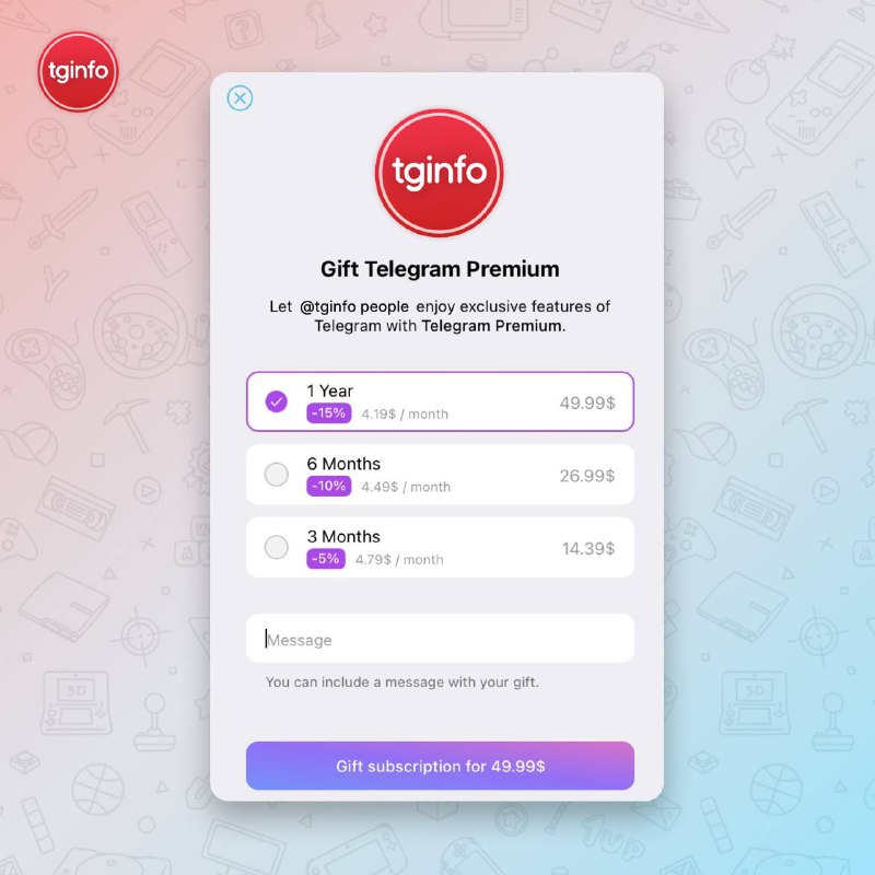 #TelegramTelegram 将推出赠送他人 Premium 的功能三种折扣计划